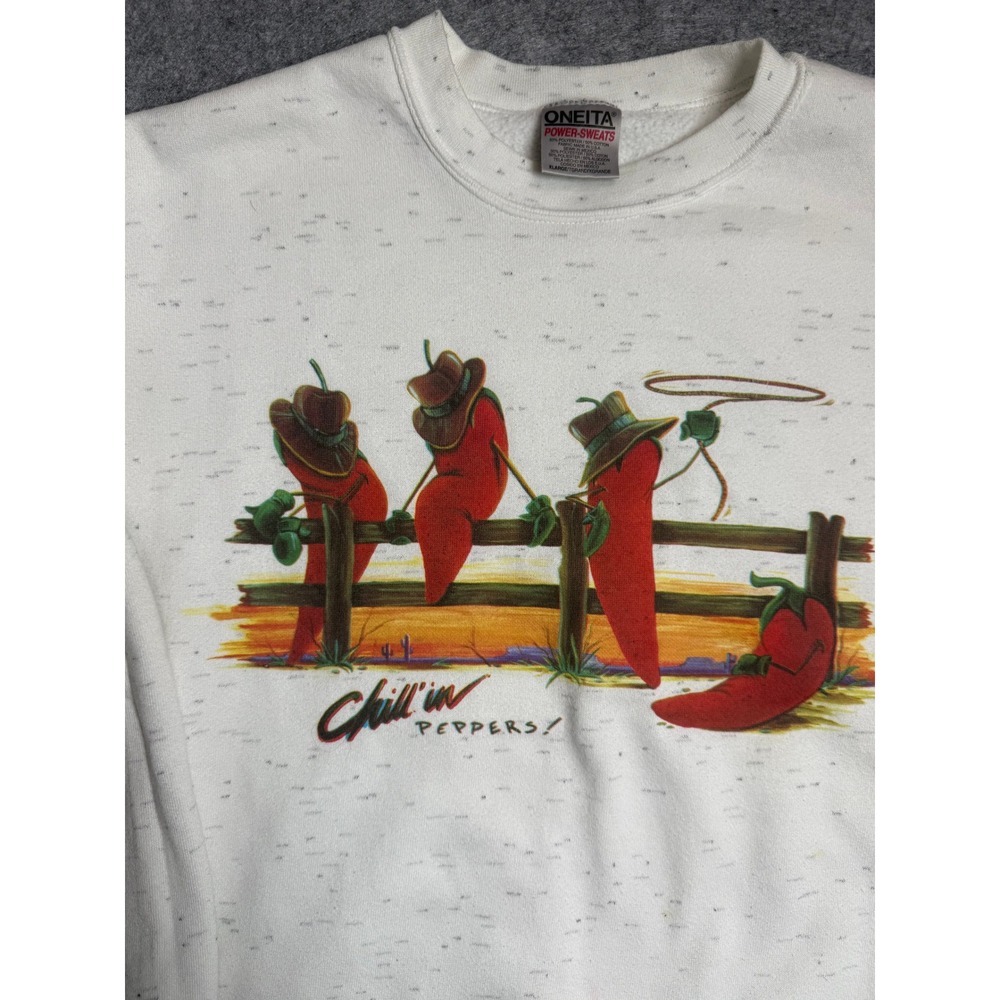 Vintage Oneita Power Sweats Chillin Peppers Graphic Sweatshirt Cream Mens XL - Picture 2 of 4